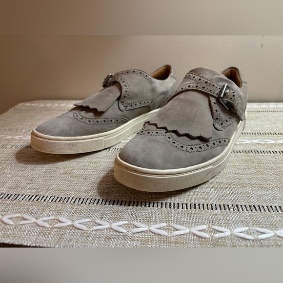 Frye Gemma Fringe Kiltie Buckle Suede Sneakers Grey Women FRYE Gemma Kiltie Fringe Buckle Gray Suede Slip On Sneakers Women’s Size 6 1/2